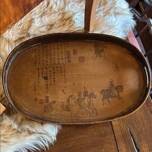 Vintage Oval Wooden Tray with Asian Art and Calligraphy